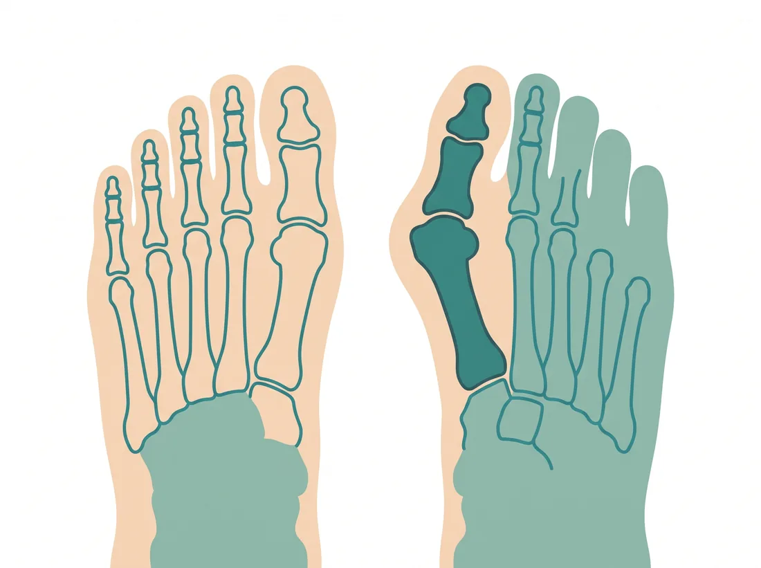 Схема: здоровая стопа и стопа с деформацией Hallux Valgus — большой палец отклонён, косточка выпирает